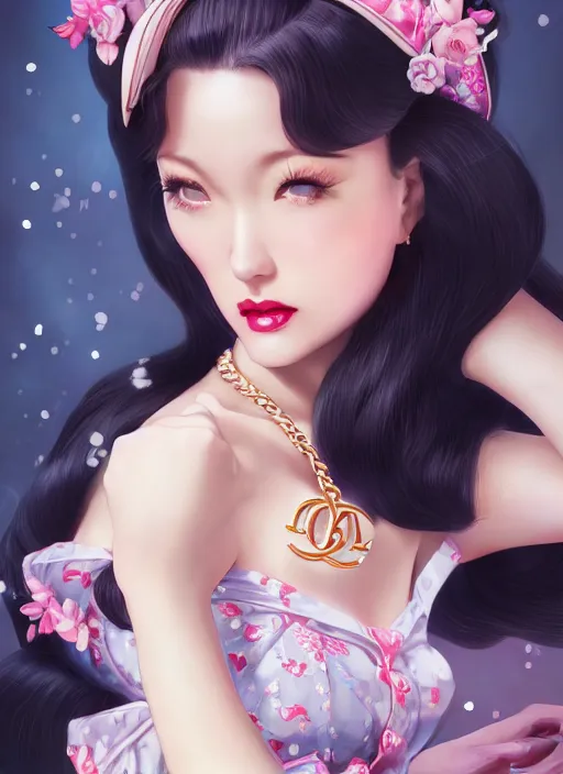 Image similar to a pin up and beautiful fashion dreamlke japan girl with lv jewelry, character art, art by artgerm, wlop, loish, hyperdetailed, 8 k realistic, symmetrical, global illumination, radiant light, frostbite 3 engine, cryengine, dof, trending on artstation, digital art, chanel, dior, detailed background