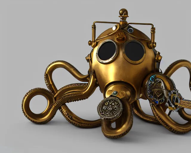 Prompt: symmetrical brass steampunk octopus wearing a vintage diving helmet. clockwork. gears, pipes. goggles. rivets. octane render. highly detailed.