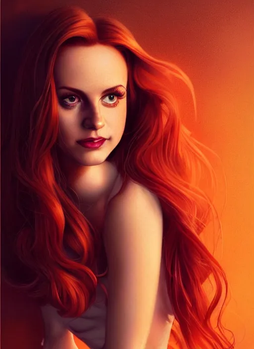 Image similar to full body portrait of teenage cheryl blossom, bangs, green eyes, mischievous expression, red hair, sultry smirk, bangs and wavy hair, 1 9 8 0 s, intricate, elegant, glowing lights, highly detailed, digital painting, artstation, concept art, smooth, sharp focus, illustration, art by wlop, mars ravelo and greg rutkowski