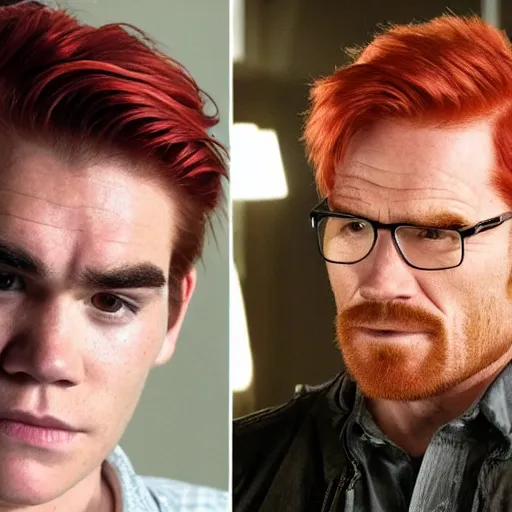 Prompt: kj apa, who has red hair, in the same room with walter white, who is bald, still from breaking bad