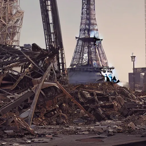 Image similar to A beautiful intricate 8K award-winning ground-level cinematic movie photograph of the future rusting rubble of the fallen and decimated Eiffel Tower, lying in pieces on the ground, surrounded by neon and collapsing corporate video billboard displays. in the year 2050, by Bruno Delbonnel and greg rutkowski. octane render, Arri Alexa 65. Cinematic lighting