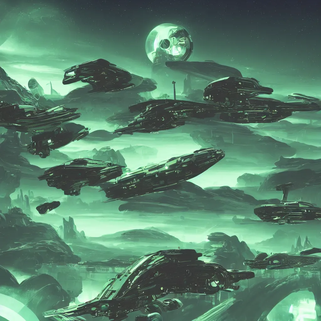 Prompt: no man sky concept art, 1920 retro futurism ship, capital space ship in space, intricate, elegant, highly detailed, toxic green glow, mosh planet in background, damp temperature, colossal space ship, digital painting, artstation, concept art, smooth, sharp focus, illustration