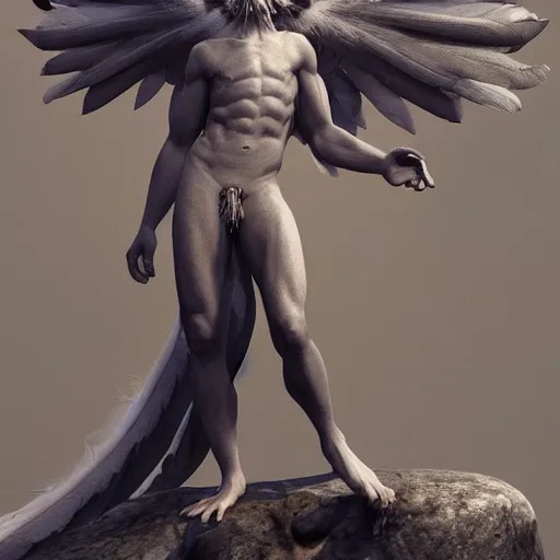 Prompt: concept art of a mythological male harpy with wings instead of arms, unreal render, octane, 8k, highly detailed feathers, low saturation