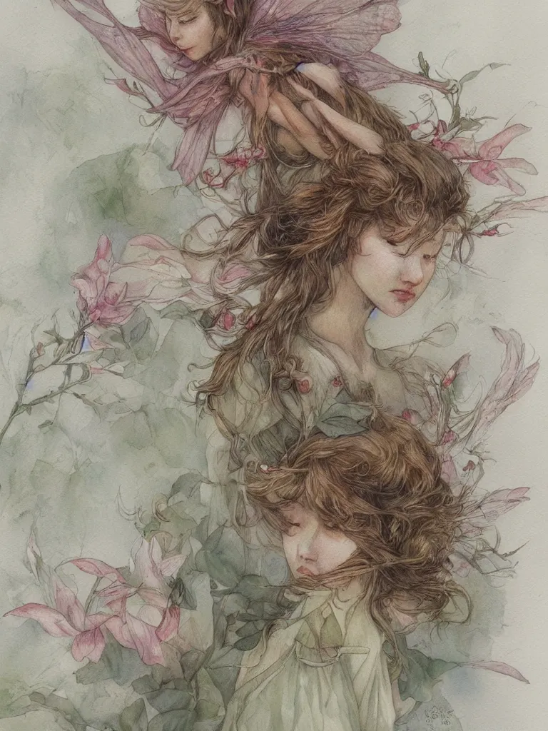 Image similar to study of a flower fairy, illustration, watercolor, alan lee, detailed, pretty, ethereal, realistic, artstation,