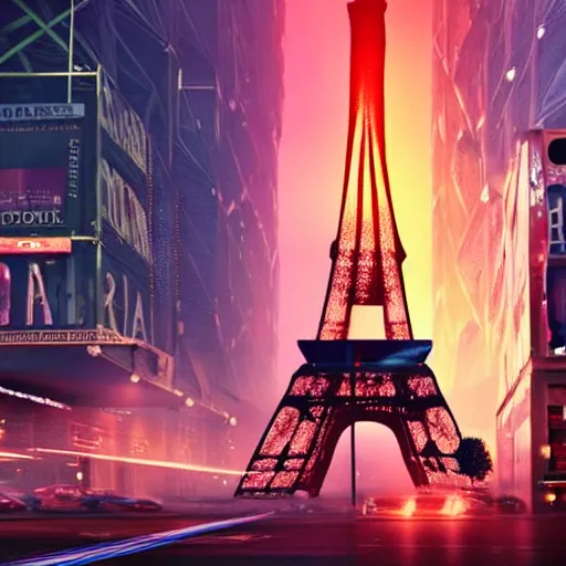 Image similar to A beautiful intricate 8K award-winning ground-level cinematic movie photograph of the future fallen and decaying Eiffel Tower, surrounded by neon and collapsing corporate video billboard displays. in the year 2050, by Bruno Delbonnel and greg rutkowski. octane render, Arri Alexa 65. Cinematic lighting