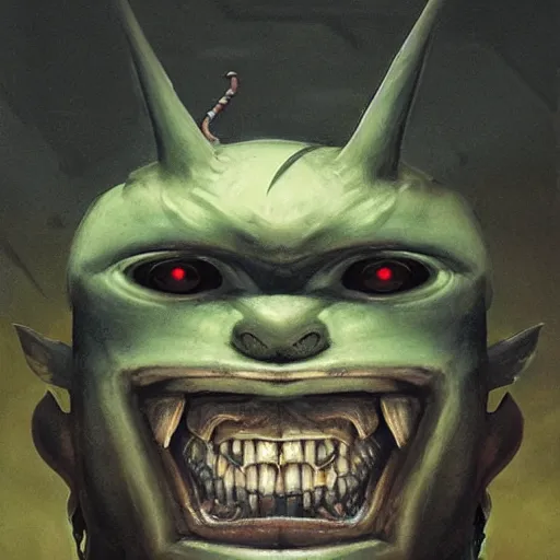 Image similar to minimalist cyborg goblin with maniacal expression and bulging eyes inside byzantine hong kong hoarder labaratory, portrait by by greg rutkowski and h. r. giger and stalenhag and deak ferrand, studio ghibli composition