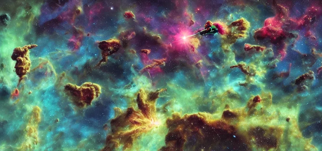 Prompt: a starsgip battle frozen in time in a courful nebulae, lasers blasting, in the style of roger dean