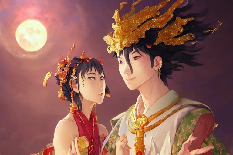 Image similar to close up moment of a divine a japan sun god and a moon goddess lovers magician at a wedding banquet, highly detailed, d & d, fantasy, 4 k realistic, digital painting, trending on artstation, concept art, sharp focus, illustration, art by makoto shinkai and akihiko yoshida and daniel gerhartz