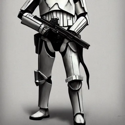 Image similar to full body shot of an imperial stormtrooper in battle position ready to shoot his blaster concept art by Doug Chiang cinematic, realistic painting, high definition, very detailed, extremely high detail, photo realistic, concept art, the Mandalorian concept art style