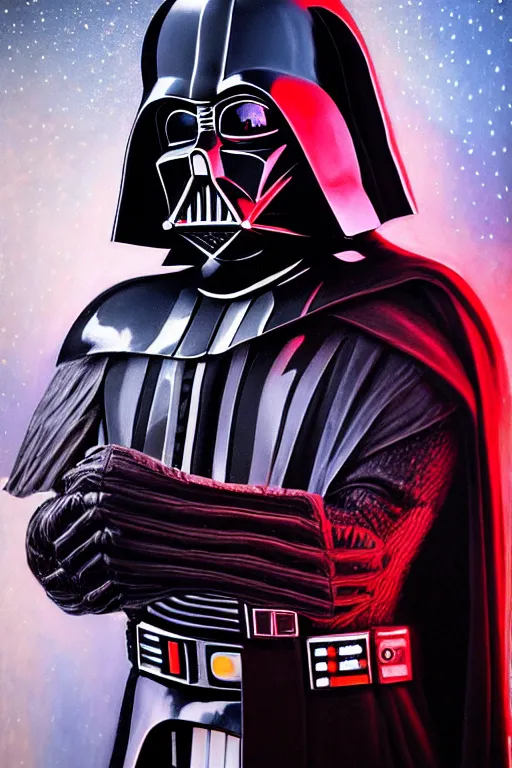 Image similar to detailed portrait of a Darth Vader Santa hybrid with compound eyes, strong neon lighting, raining, mysterious, mirror shades, by glenn fabry, hyper realistic, HD, oil on canvas