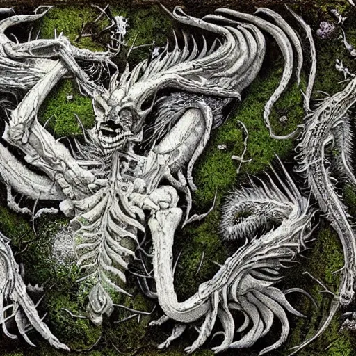 Prompt: white dragon skeleton covered in moss and flowers, intricate details, hyperrealistic, hr giger