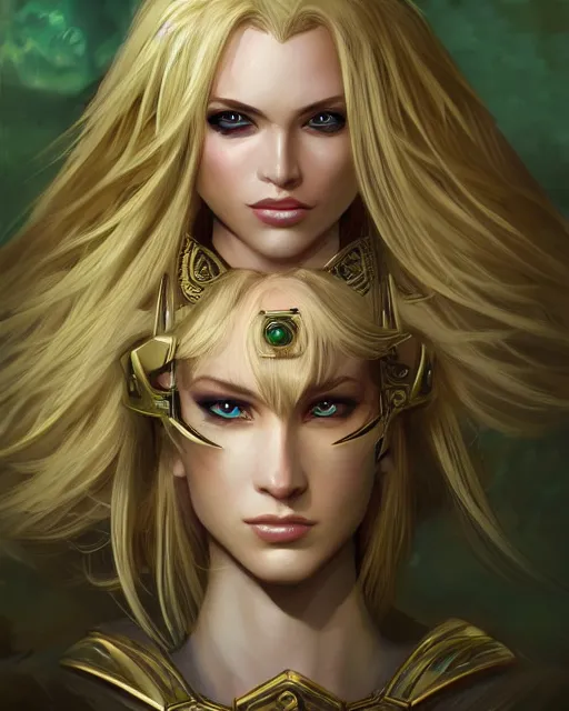 Prompt: A blonde emerald warrior, beautiful and realistic face, sexy gaze, fantasy illustration, full body, in the style of Frank Neidhardt, epic, fantasy, intricate, elegant, amazing detail, digital painting, artstation, concept art, smooth, sharp focus, illustration