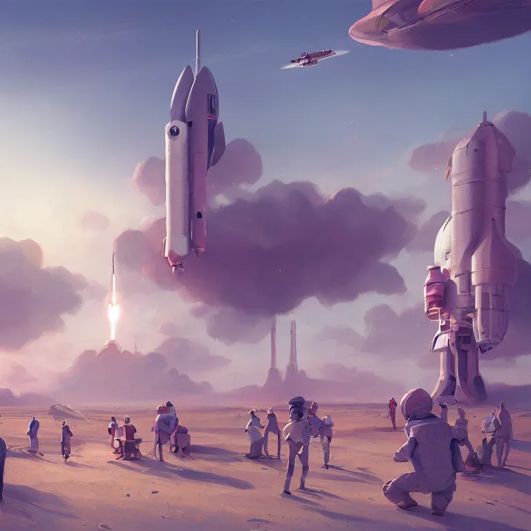 Prompt: people wait for a rocket launch on a far planet, retro, soft colors, futuristic, artstation, concept art, smooth, sharp focus, illustration, by Mandy Jurgens, digital painting