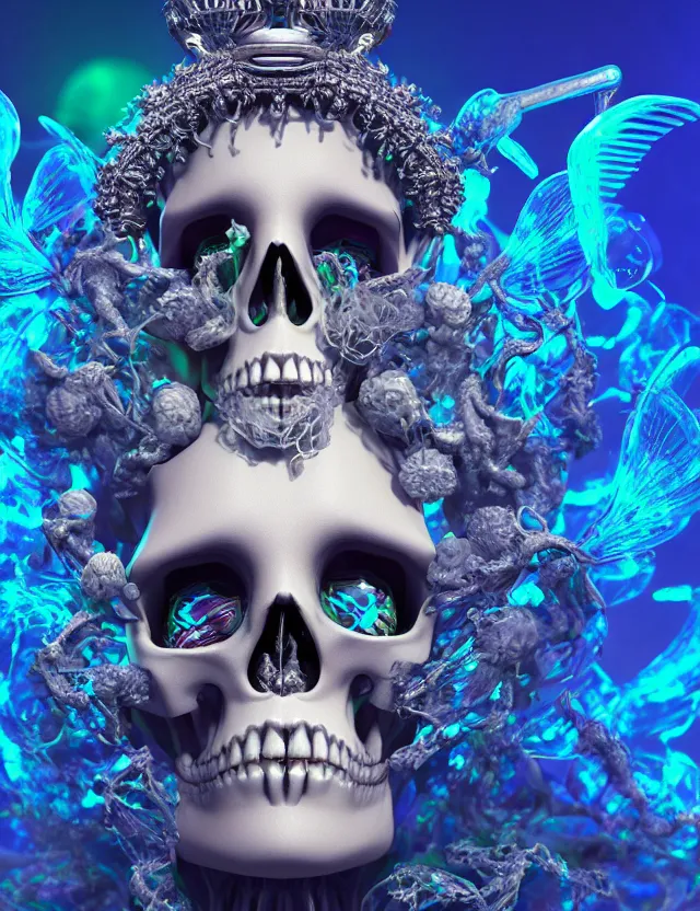 Image similar to 3 d goddess skeleton macro close - up portrait with crown made of ram skull. betta fish, jellyfish phoenix, bioluminiscent, plasma, ice, water, wind, creature, super intricate ornaments artwork by tooth wu and wlop and beeple and greg rutkowski