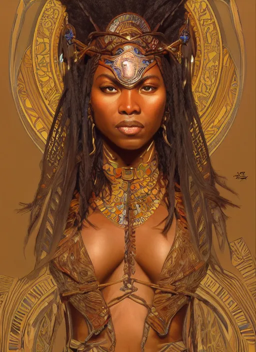 Image similar to Gina Tores as a beautiful african warrior woman, intricate, elegant, highly detailed, centered, digital painting, artstation, concept art, smooth, sharp focus, illustration, art by artgerm and donato giancola and alphonse mucha