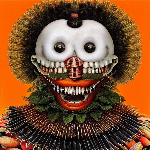 Prompt: album cover, teeth, black, white, orange, psychedelic, giuseppe arcimboldo