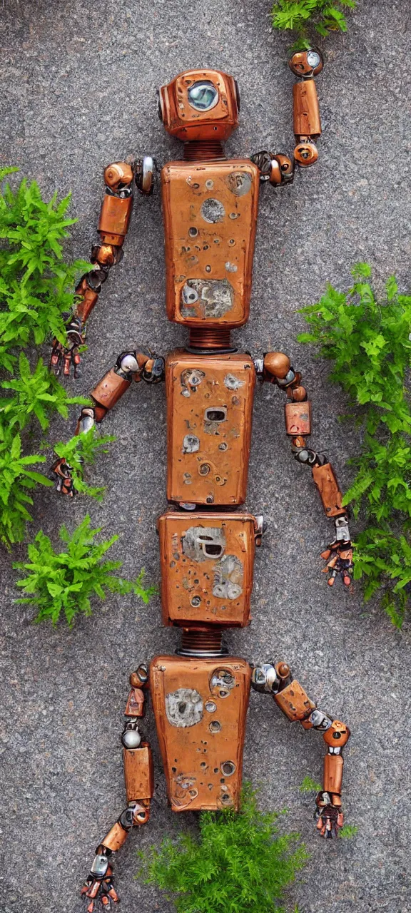 Prompt: award winning photo of modern robot body rusty and filled with plants, stunning, 4 k, detailed, top - down, realistic