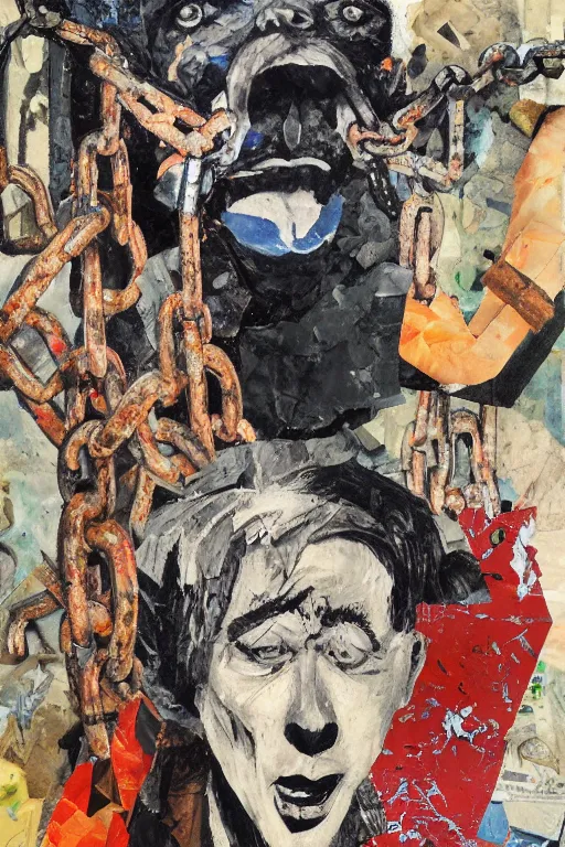 Prompt: mad dog on a chain, collage, acrylic on canvas, expressionism movement, breathtaking detailed, by blake neubert