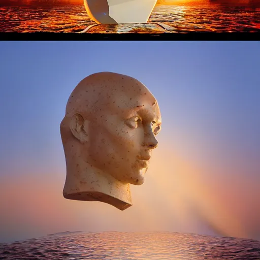 Image similar to peter tarka, golden hour, minimalistic, hyperrealistic surrealism, award winning masterpiece with incredible details, epic stunning, astronaut sinking falling underwater infinity pool, a surreal vaporwave liminal space, highly detailed, trending on ArtStation, artgerm and greg rutkowski and alphonse mucha, daily deviation, IAMAG, broken giant marble head statue ruins, illuminated