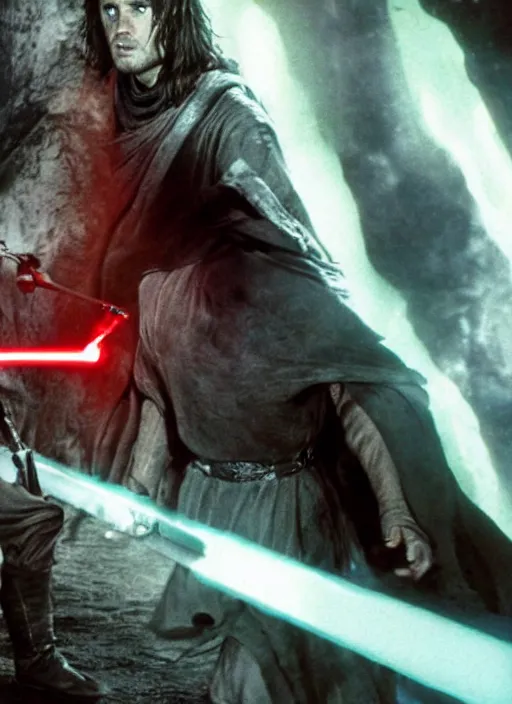 Prompt: Brutal combat Aragorn vs Luke Skywalker. Film still. Aragorn on the left side and Luke Skywalker with red light saber on the right side in the middle earth near broken X-wing ship, high detail