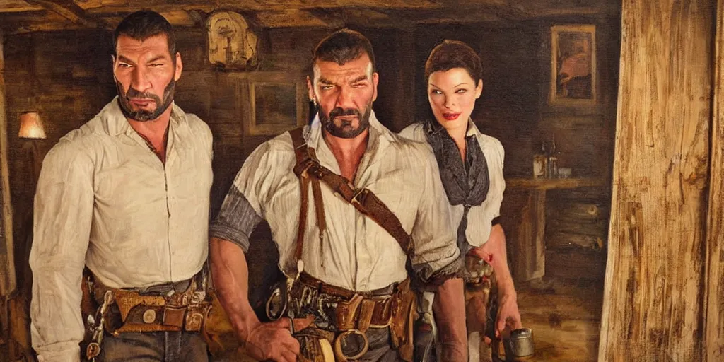 Prompt: oil painting of Mila Jovovich and Dave Bautista in the old west in a cabin on the prairie