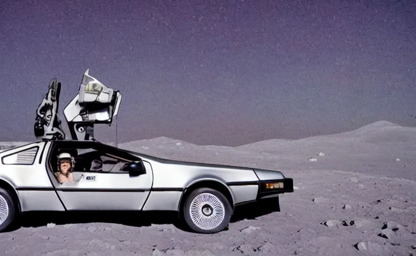 Image similar to a dreamy retro 8 0 s photo of a delorean on the moon, bloomy