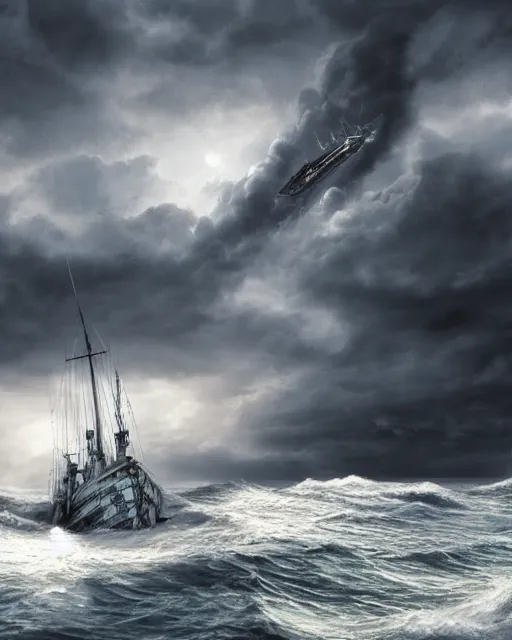 Prompt: establishing shot of a fishing boat on stormy seas, a gigantic star destroyer spaceship flying overhead | the star destroyer spaceship is emerging from storm clouds, stormy weather, dramatic lighting, unreal engine, hyper realism, realistic shading, cinematic composition, realistic render, octane render, detailed textures, photorealistic, ultrawide shot, 1 6 mm lens