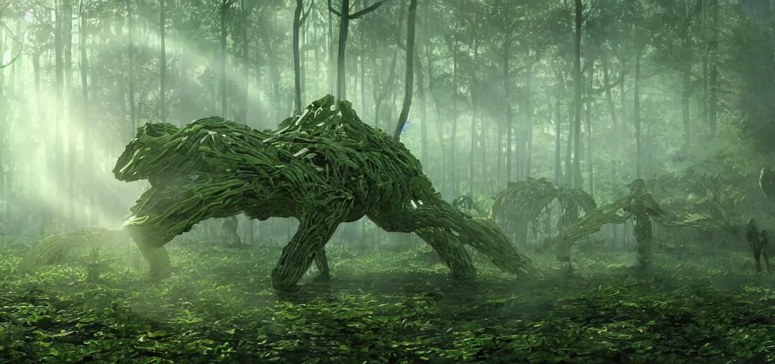 Prompt: a complex organic fractal 3 d metallic symbiotic ceramic humanoid megastructure creature in a swampy lush forest, foggy, sun rays, bubbles, cinematic shot, photo still from movie by denis villeneuve, wayne barlowe