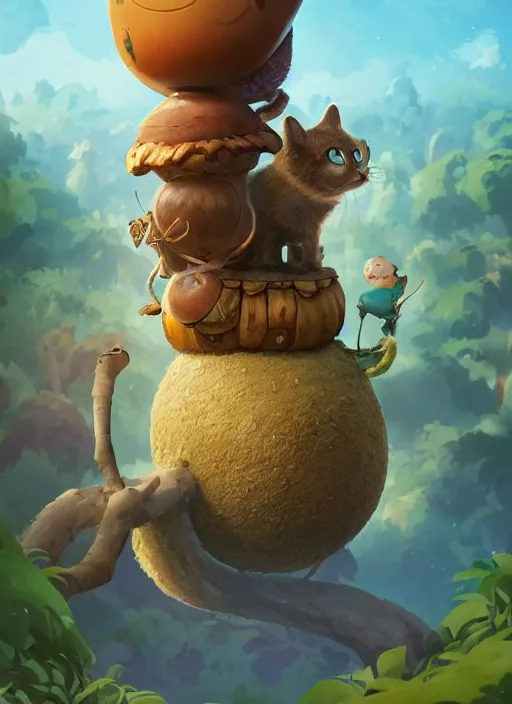 Image similar to round antropomorphic acorn and his cat friend in world adventure movie, cerebri mie poster, by nuri iyem, james gurney, james jean, greg rutkowski, anato finnstark. pixar. hyper detailed, 5 0 mm, award winning photography, perfect faces