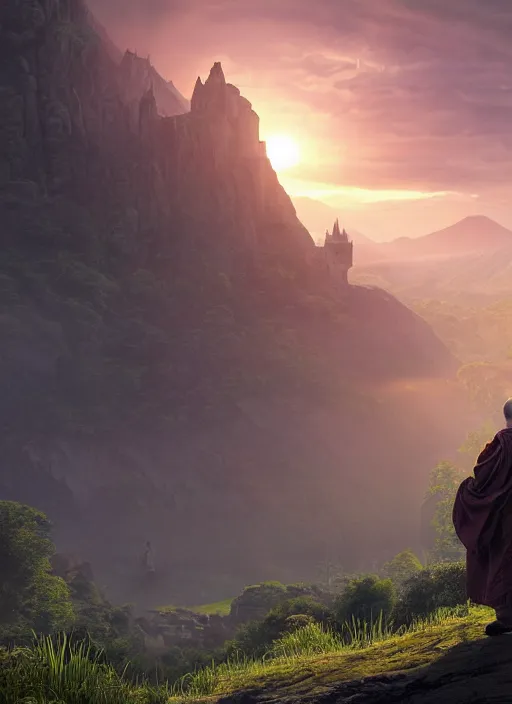 Image similar to a cosmic monk in lord of the rings scenery landscape, looking out at a vast lush valley at sunrise, temple castle in the distance, god's rays, highly detailed, vivid color, cinematic lighting, perfect composition, 8 k, gustave dore, derek zabrocki, greg rutkowski, belsinski, octane render