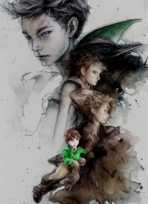 Image similar to portrait, Peter Pan and Tinkerbell, watercolor, dramatic lighting, cinematic, establishing shot, extremly high detail, foto realistic, cinematic lighting, pen and ink, intricate line drawings, by Yoshitaka Amano, Ruan Jia, Kentaro Miura, Artgerm, post processed, concept art, artstation, matte painting, style by eddie mendoza, raphael lacoste, alex ross