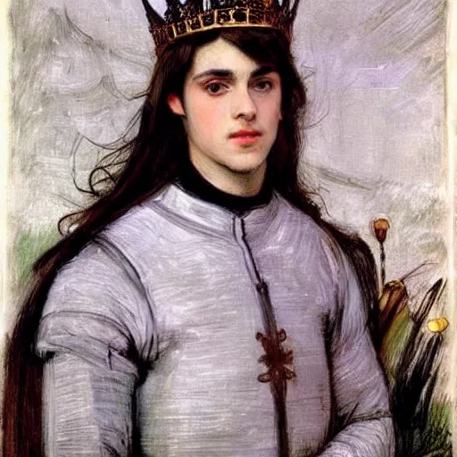 Image similar to painting of handsome beautiful medieval prince in his 2 0 s named shadow wearing a crown, elegant, clear, sharp focus, painting, stylized, art, art by john everett millais, john william waterhouse