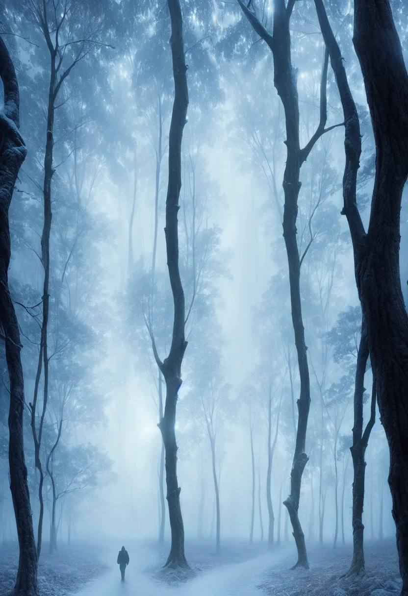 Prompt: backlit path in the middle of a frozen winter morning forest, treelined, fog, matte painting, mystical, ultra high definition, ultra detailed, matte painting, by greg rutkowski and ross tran and wlop