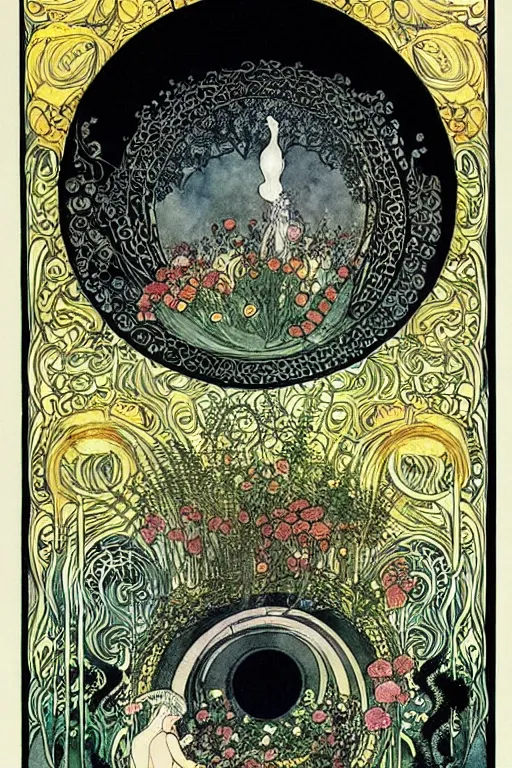 Image similar to a black cauldron over burning flames in the center of an ornate circular floral frame, detailed art by kay nielsen and walter crane, illustration style, watercolor