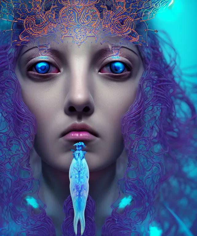 Prompt: symmetrical, centered, close-up portrait of goddess wearing crown made of betta fish, phoenix, bioluminiscent elements, intricate artwork by Tooth Wu and wlop and beeple. octane render, trending on artstation, greg rutkowski very coherent symmetrical artwork. cinematic, hyper realism, high detail, octane render, 8k