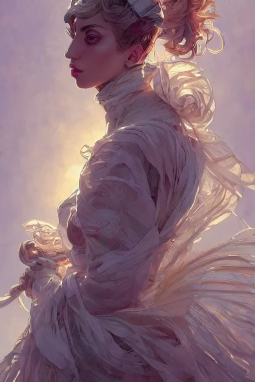 Prompt: beautiful cottagecore lady gaga, intricate, swagger, highly detailed, digital painting, artstation, concept art, smooth, sharp, focus, illustration, art by artgerm and greg rutkowski and alphonse mucha