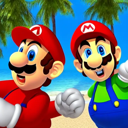 Prompt: mario and luigi on the beach eating beans, the sun setting in the background