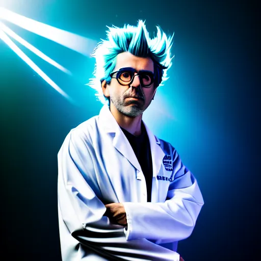 Image similar to portrait of rick sanchez, lab coat and tee shirt, lens flare, atmosphere, glow, detailed, intricate, full of colour, cinematic lighting, 4 k, hyperrealistic, focused, extreme details, cinematic, masterpiece