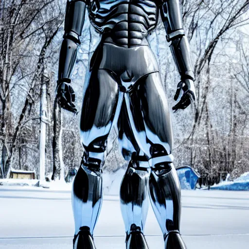 Image similar to made of ice, a realistic detailed photo of a guy who is an attractive humanoid who is half robot and half humanoid, who is a male android, on display, blank stare, showing off his muscles, shiny skin, posing like a statue, by the pool, frozen ice statue, twitch streamer / gamer ludwig, humanoid robot