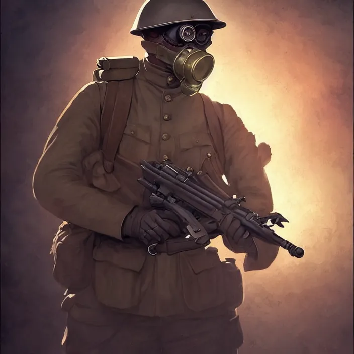 Prompt: portrait of a ww 1 german soldier with gas mask and rifle sprinting towards us, epic lighting, in the style of artgerm and charlie bowater and atey ghailan and mike mignola, vibrant colors and hard shadows and strong rim light, comic cover art, plain background, trending on artstation