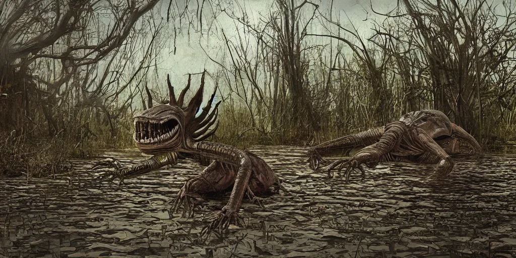 Image similar to extremely disturbing alien creature crawling through a swamp, created by Scott Listfield