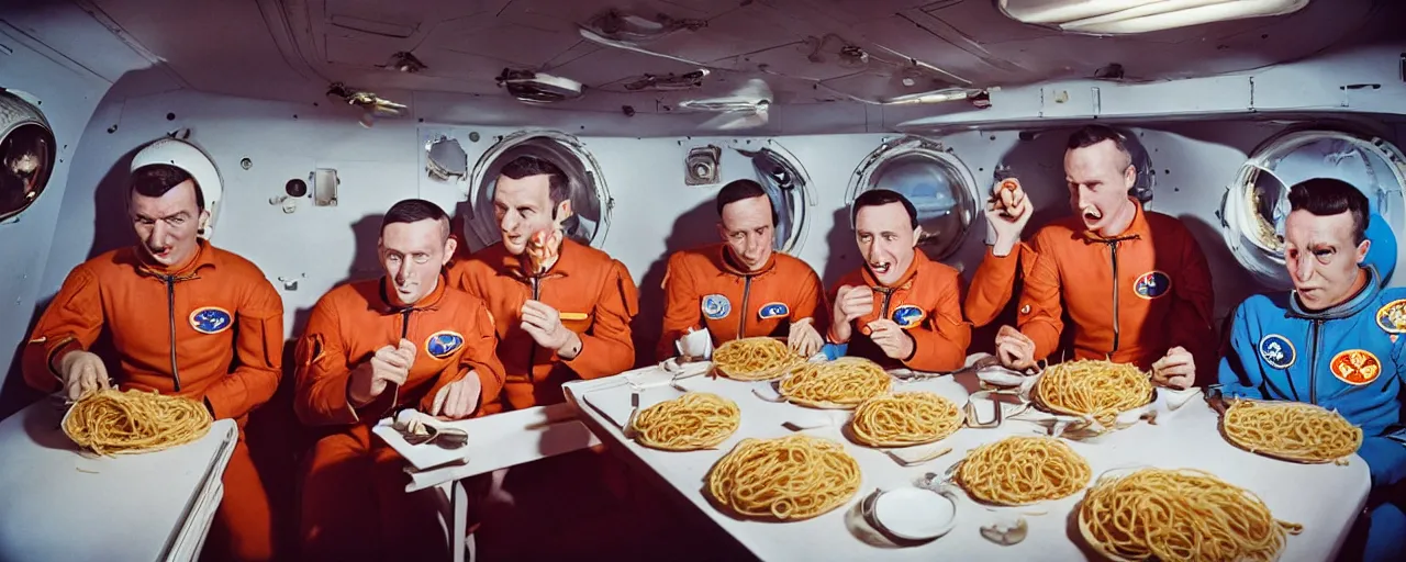 Image similar to 1 9 6 0's astronauts eating spaghetti on their way to the moon, ultra - realistic faces, fine detail, anon 5 0 mm, in the style of diane arbus, in the style of wes anderson, kodachrome, retro