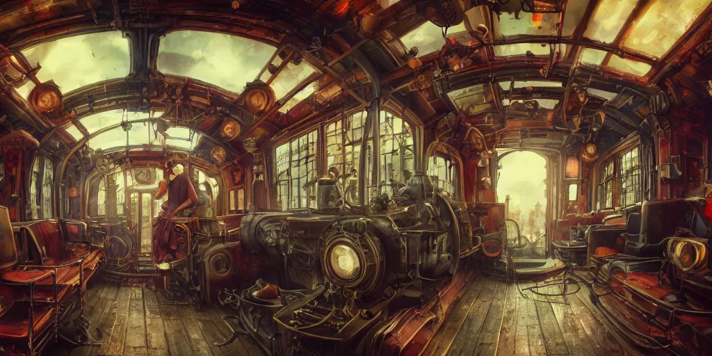 Image similar to steampunk train wagon interior, colorful, contrast, depth of field, 3 d scene, render, greg rutkowski, zabrocki, karlkka, jayison devadas, trending on artstation, 8 k, ultra wide angle, zenith view, pincushion lens effect