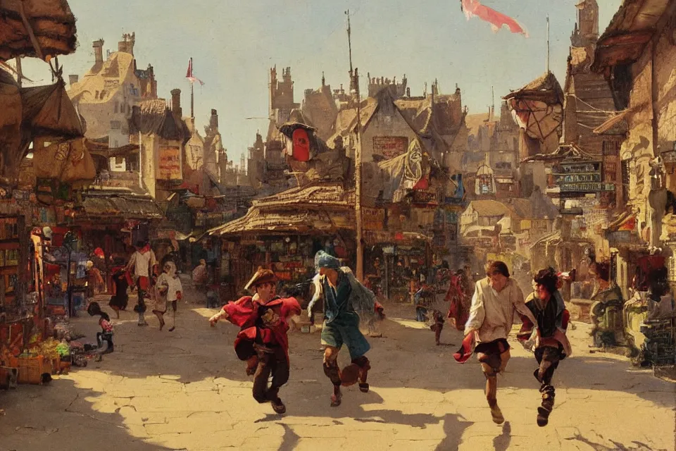 Prompt: Two young thieves chase each other through a fantasy market place full of people, people walks on the village market by john harris