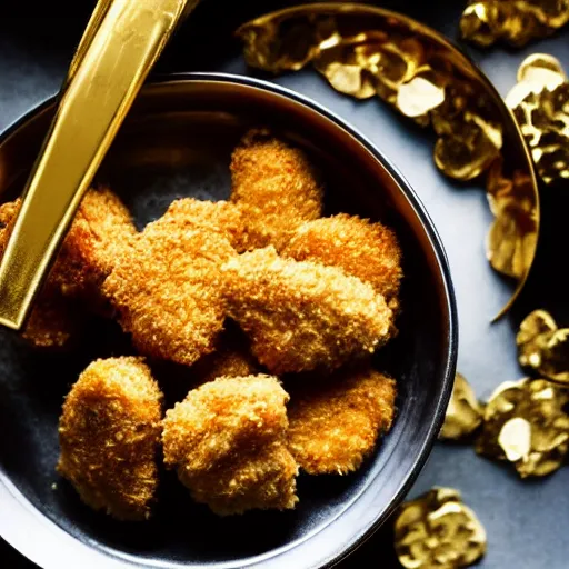 Prompt: chicken nuggets made of gold in a bowl made of silver, studio photo, dslr close up