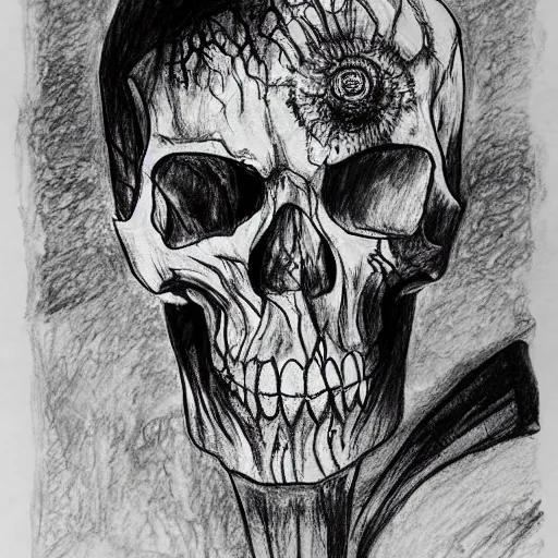 Image similar to black pen sketch of a superman zombie skull, the desert is in color pencil, elephant skull, pencil, intermediate art, paper art, pencil, bold lines, humans with apocalypse clothes on in the background, by a oil painter