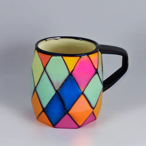 Image similar to brightly colored geodesic ceramic mug with iridescent glaze