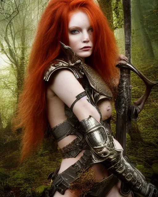 Image similar to 5 5 mm portrait photo of an armored redhead woman with a sword, and antlers growing from her head. magical forest in the backgeound. by luis royo. highly detailed 8 k. intricate. lifelike. soft light. nikon d 8 5 0. cinematic post - processing