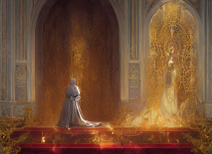 Prompt: kneeling before the pope, royal robe, gold trim, light effect, hyper detailed, intricate, atmospheric, elegant, photorealistic by paul lehr, marco mazzoni, featured on cgsociety, rococo, whimsical, artstation