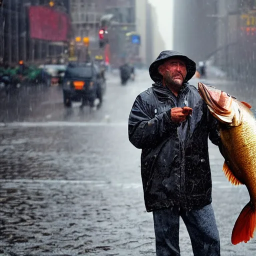 Image similar to closeup portrait of a fisherman holding a big fish in a rainy new york street, photography, time magazine